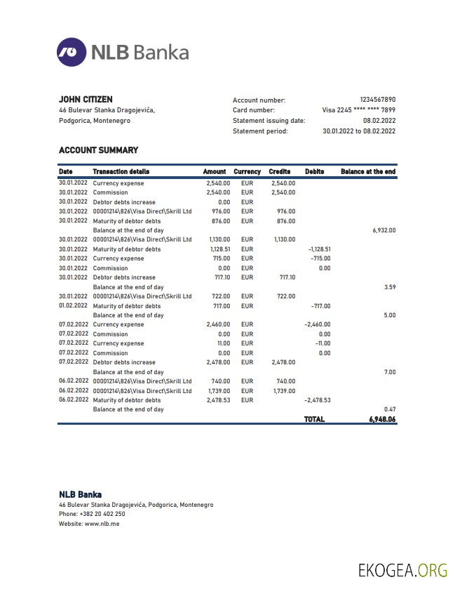 Monténégro NLB Relevé bancaire xls